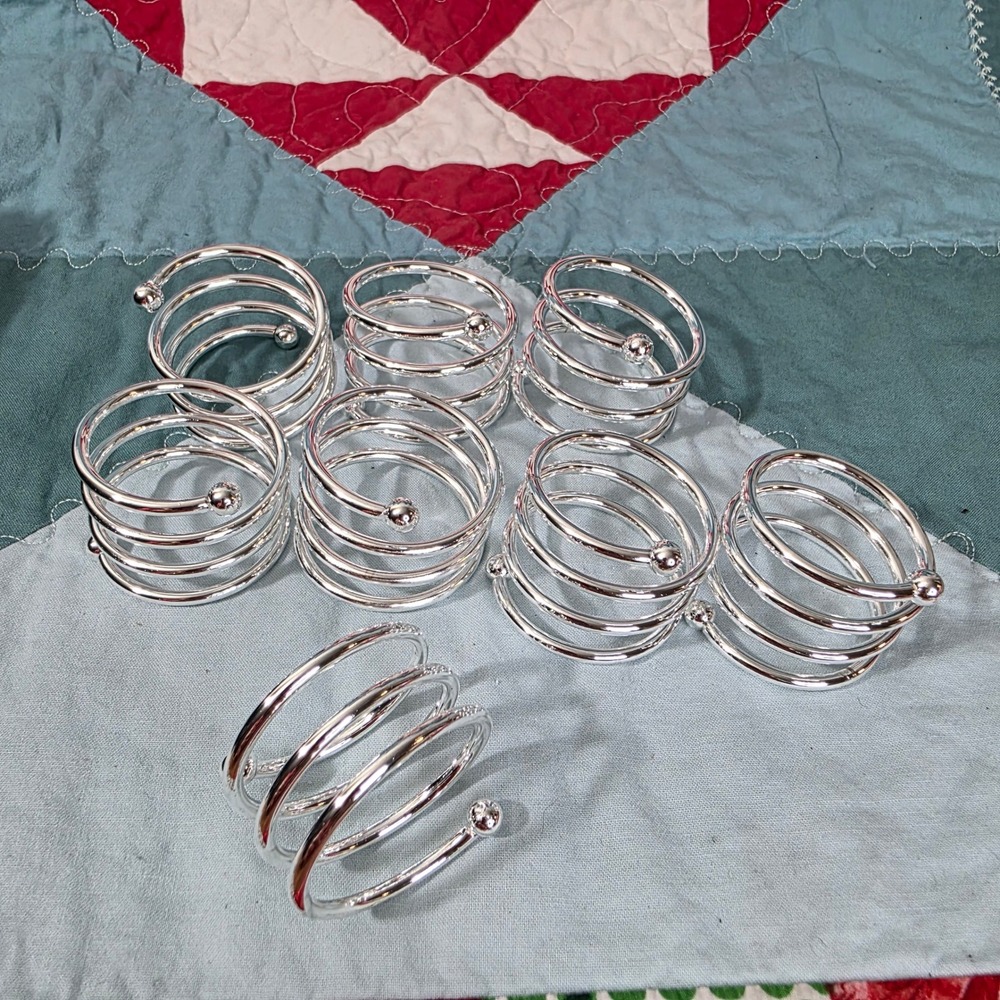 Spiral Napkin Rings 8 Piece Set Silver Tone Metal Coil Spring Table Decor